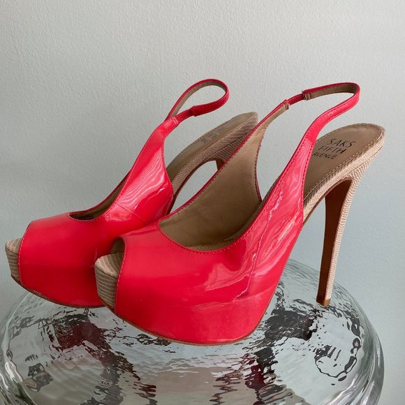 Saks Fifth Avenue Pinkish Red Peep-Toe Stiletto Heels - Picture 4 of 6
